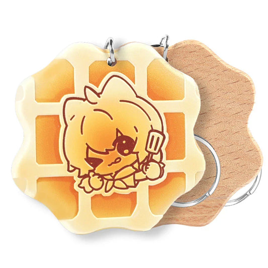 Custom 3D beechwood waffle-shaped keychain with cute cartoon character design