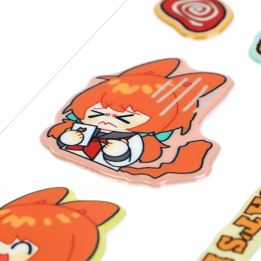 Custom 3D puffy stickers featuring cute orange anime character designs on white background