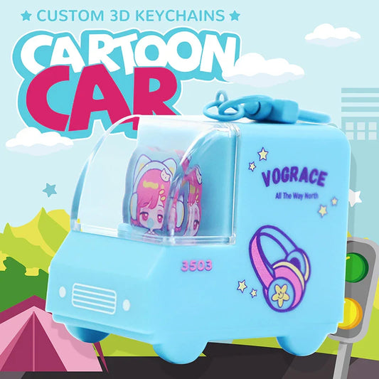 Custom acrylic 3D cartoon car keychain featuring anime-style characters in a blue van design