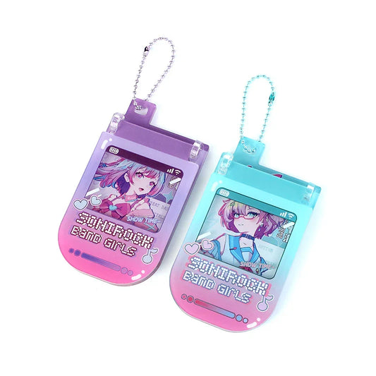 Custom acrylic flip phone hinged keychains with anime girl designs, pastel colors, and ball chains