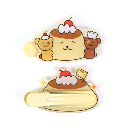 Custom acrylic hair clips featuring cute pudding and bear cartoon characters with cherry decor