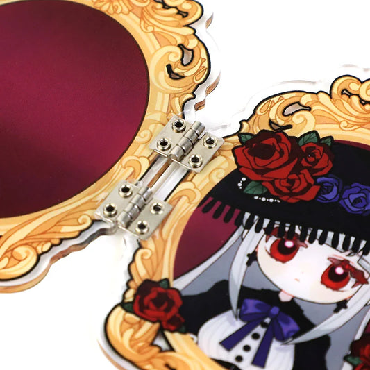 Custom acrylic hinged keychain with anime girl art, ornate gold frame, and rose accents
