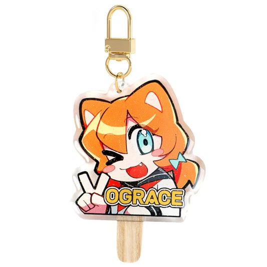 Custom acrylic ice cream popsicle keychain with cute anime cat girl design, gold clasp