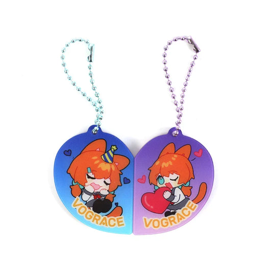 Two custom acrylic magnetic keychains with cat anime characters, heart designs, and colorful chains