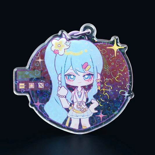 Individueller Acryl-Schlüsselanhänger mit holografischem Anime-Mädchen-Charakter, blauen Haaren und dekorativem Glitzer.