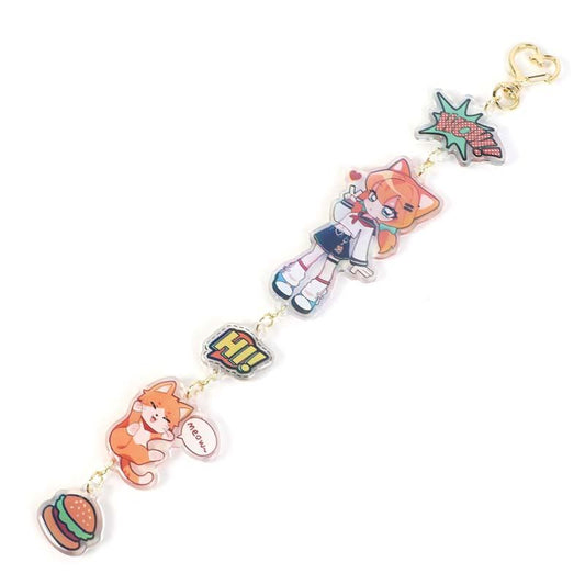 Custom acrylic charm keychain with cartoon cat girl, comic words, cat, and burger charms