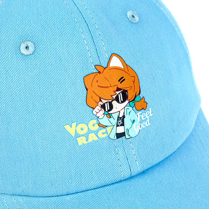 Light blue baseball cap with cute anime character, sunglasses, and 'Feel Good' text design
