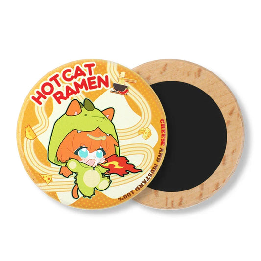 Runder Kühlschrankmagnet aus Buchenholz mit niedlichem Anime-Katzencharakter, Hot-Cat-Ramen-Motiv.
