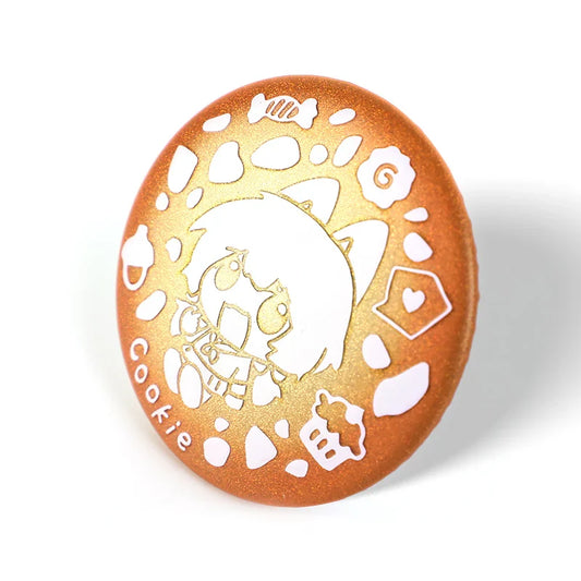 Individuelles rundes 3D-Glitzer-Hologramm-Ansteckabzeichen mit niedlichem Anime-Katzendesign und Keks-Motiv.