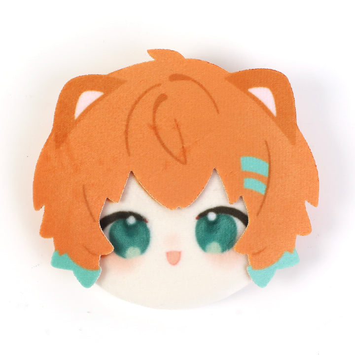 Custom 3D plush head anime button pin with orange hair and teal accents