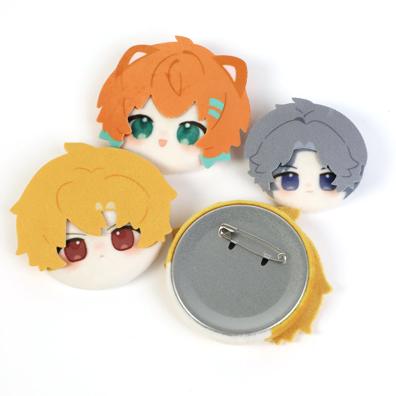 Custom 3D plush head button pins with anime character faces and soft fabric design