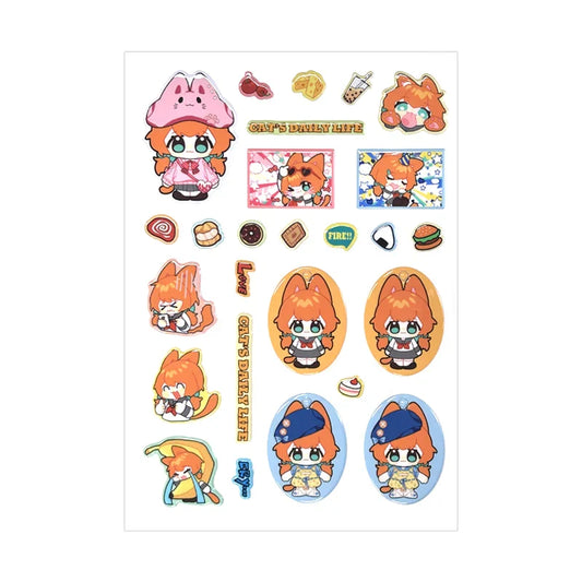 Custom 3D puffy stickers featuring cute anime cat girl characters with food and text designs.
