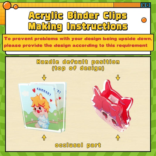 Individuelle Acryl-Binderclips mit farbenfrohen Cartoon-Designs und Ausrichtungsanweisungen.