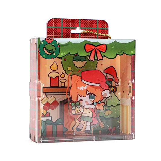 Custom acrylic display case with Christmas-themed anime character, gifts, and holiday decor