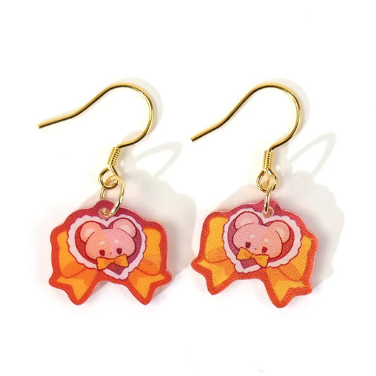 Benutzerdefinierte Acryl-Ohrringe mit Cartoon-Bär und gelber Schleife, goldenen Haken, Schmuck im Anime-Stil