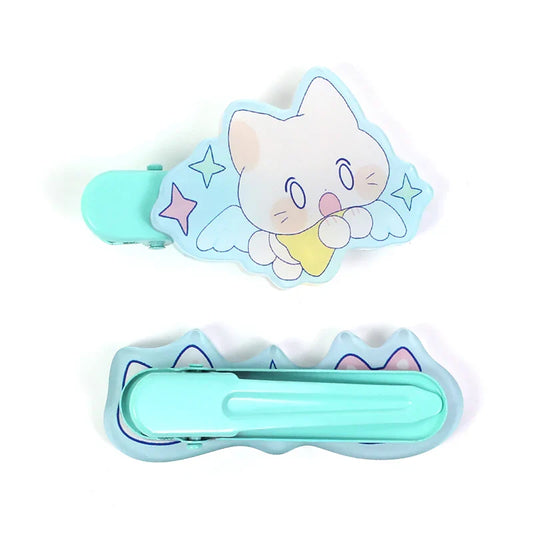 Individuelle Acryl-Haarspange mit niedlicher Cartoon-Katze, pastellfarbenen Sternen und blauer Clip-Rückseite