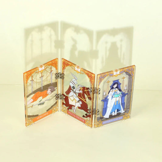 Individueller Acryl-Faltschirm-Aufsteller mit Scharnier und Fantasy-Charakterkunst und Tarotkarten-Motiven