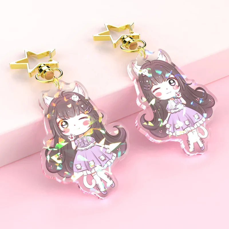 Custom acrylic keychains with cute anime girl, cat ears, star clasp, glitter finish
