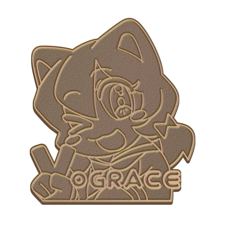 Custom antique die struck enamel pin featuring cute cat character with peace sign