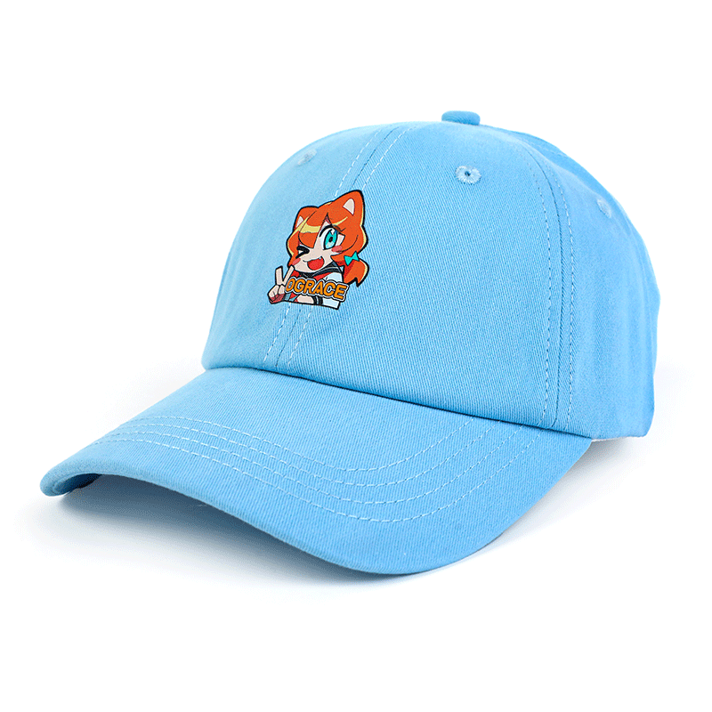 Light blue custom baseball cap with embroidered anime-style fox character on the front