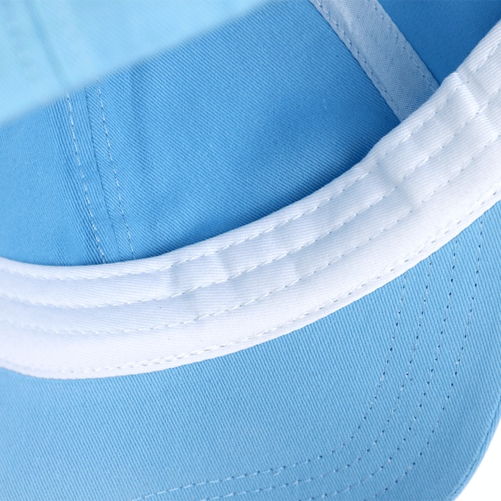 Closeup of a light blue custom baseball cap with white stitching and trim.