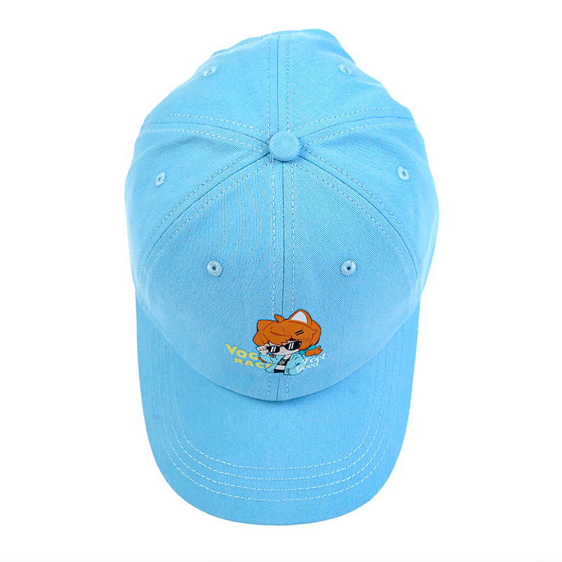 Light blue custom baseball cap with cute cartoon character and embroidered accents