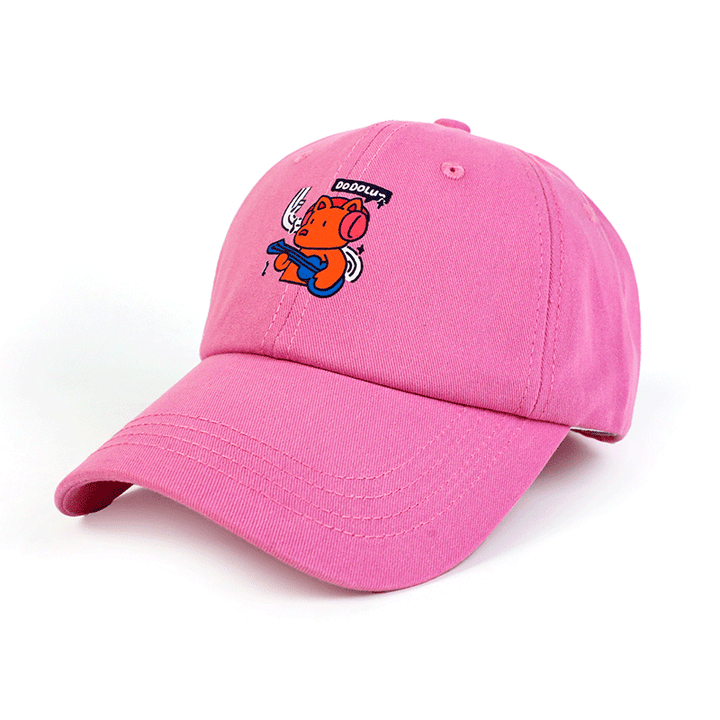 Pink custom baseball cap with cartoon bear playing guitar, embroidered design on front.