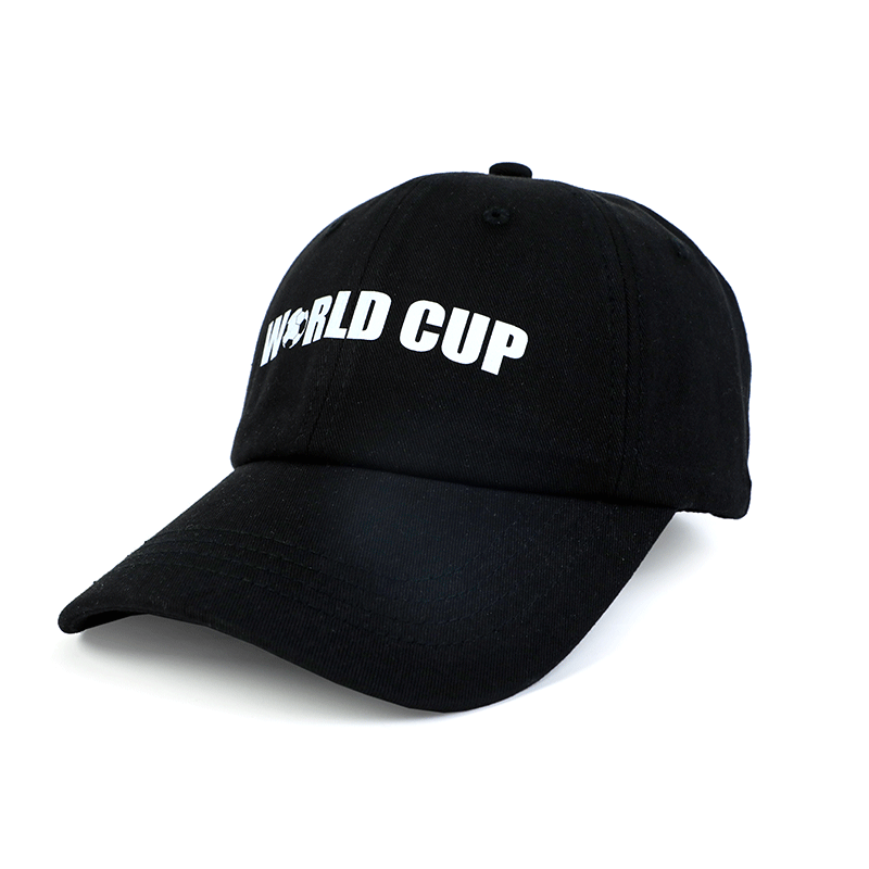 Black custom baseball cap with white WORLD CUP text and soccer ball design on front