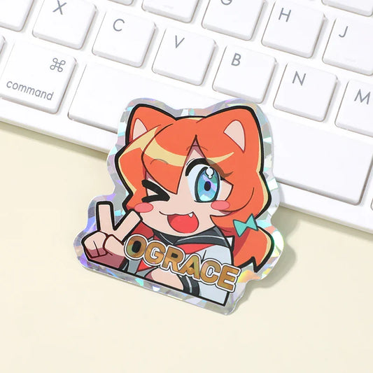 Custom holographic anime cat girl sticker with peace sign on white keyboard