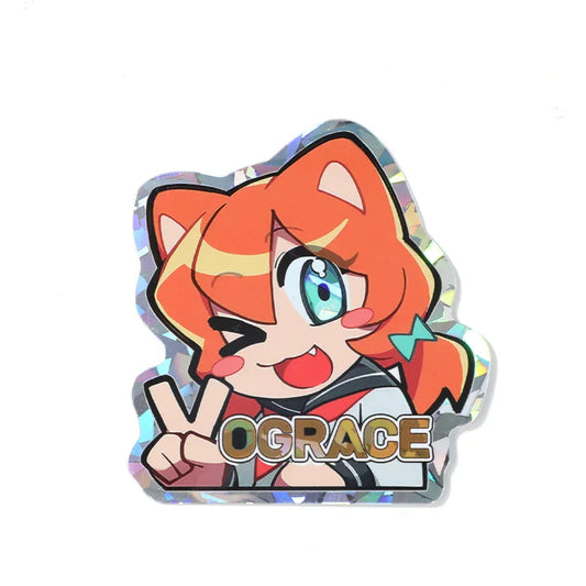 Holographic custom anime cat girl sticker with peace sign, orange hair, and blue eyes