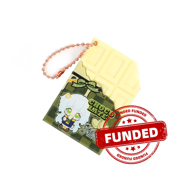 Custom chocolate-shaped keychain with anime character art and gold chain, funded stamp visible.