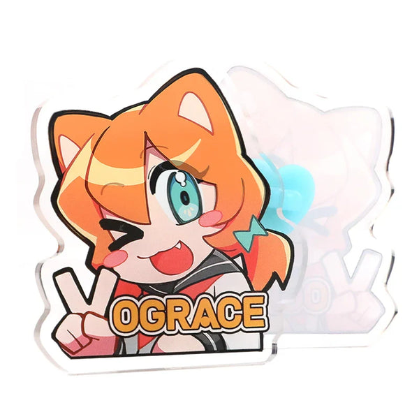 Custom clear acrylic pin featuring a winking anime-style cat girl with peace sign