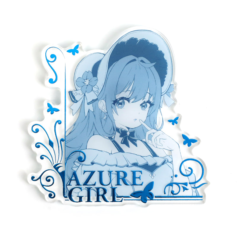 Custom clear acrylic fridge magnet with raised foil stamping, anime girl illustration, blue accents, and 'Azure Girl' text.