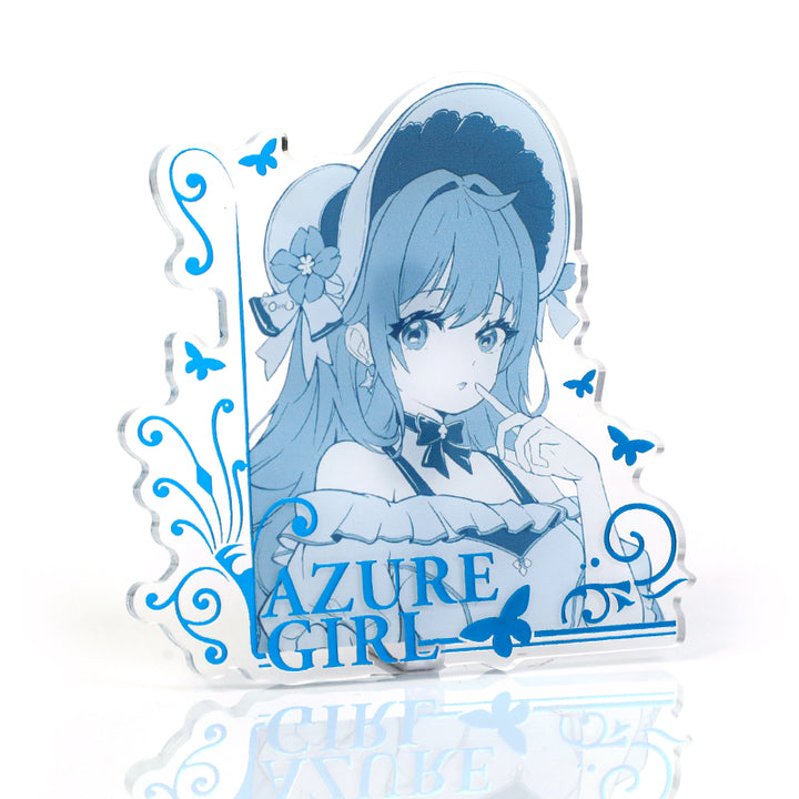 Custom acrylic fridge magnet featuring blue anime girl illustration with text 'AZURE GIRL'.