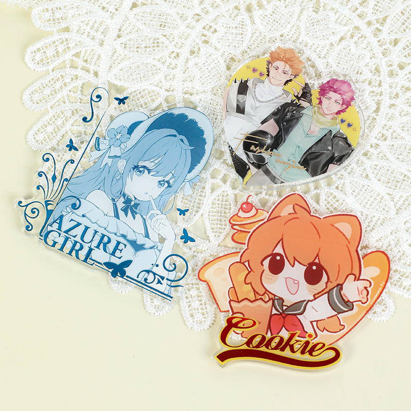 Custom acrylic fridge magnets with anime characters and raised foil accents on lace background