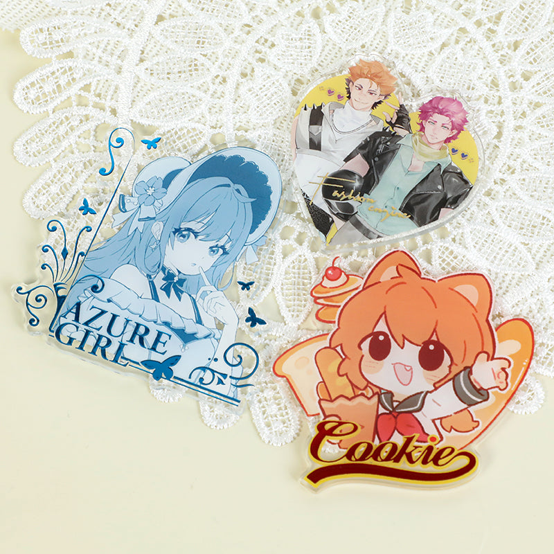 Custom clear acrylic fridge magnets with anime and cartoon characters, foil stamping detail