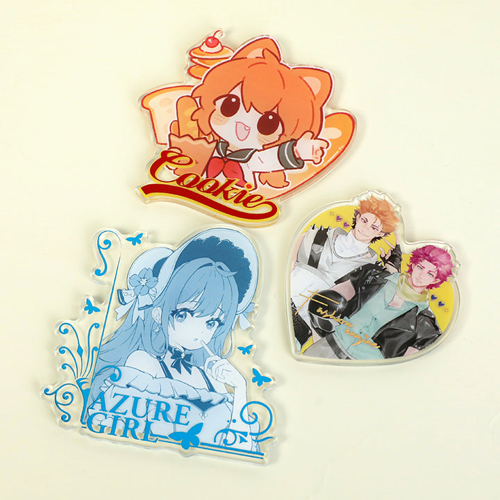 Custom acrylic fridge magnets with anime characters and colorful raised foil designs