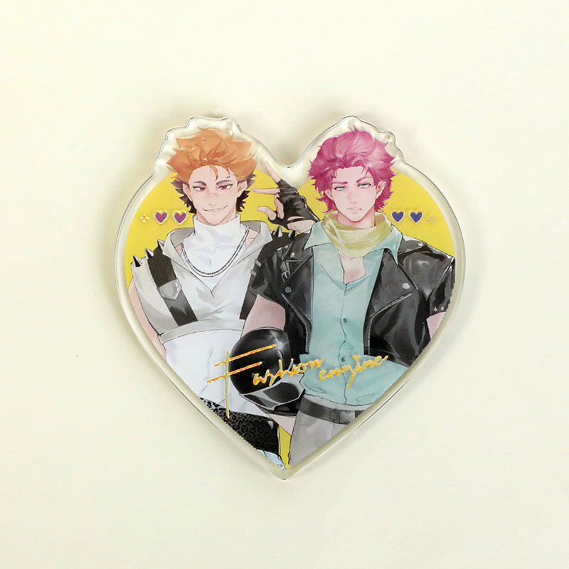 Custom acrylic heart-shaped fridge magnet with two anime-style male characters and raised gold foil accents