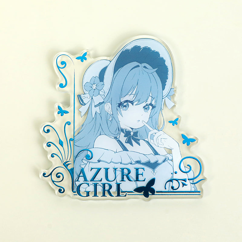 Custom clear acrylic fridge magnet featuring blue anime girl illustration, text 'Azure Girl', and decorative foil accents.