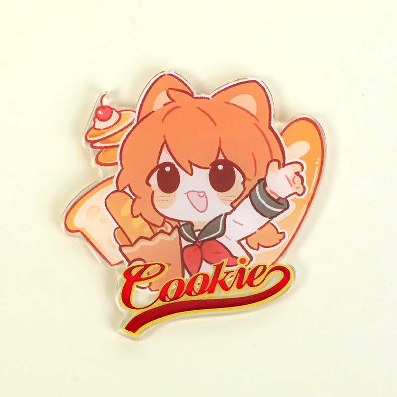 Custom clear acrylic fridge magnet with cute anime character, raised foil stamping, and 'Cookie' text