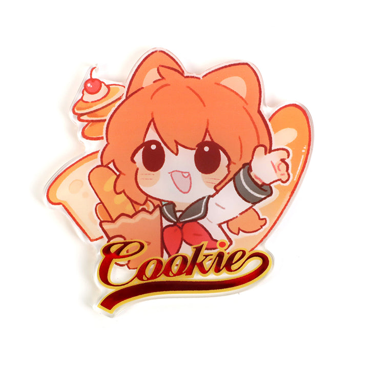 Custom clear acrylic fridge magnet with orange cat anime character, foil stamped 'Cookie' text