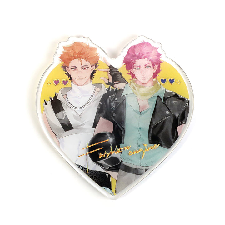 Custom clear acrylic fridge magnet with raised foil stamping, featuring two anime characters.