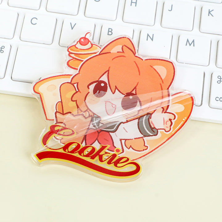 Custom acrylic fridge magnet with cute anime character, cookie text, and raised foil stamping