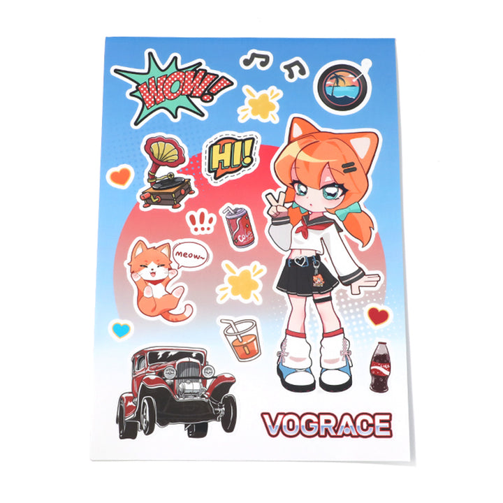 Custom coated paper stickers sheet with anime girl, cat, speech bubbles, cola, and vintage car designs