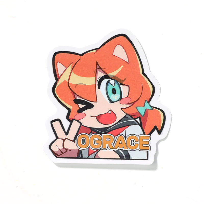 Cute anime cat girl custom coated paper sticker with peace sign and bold lettering