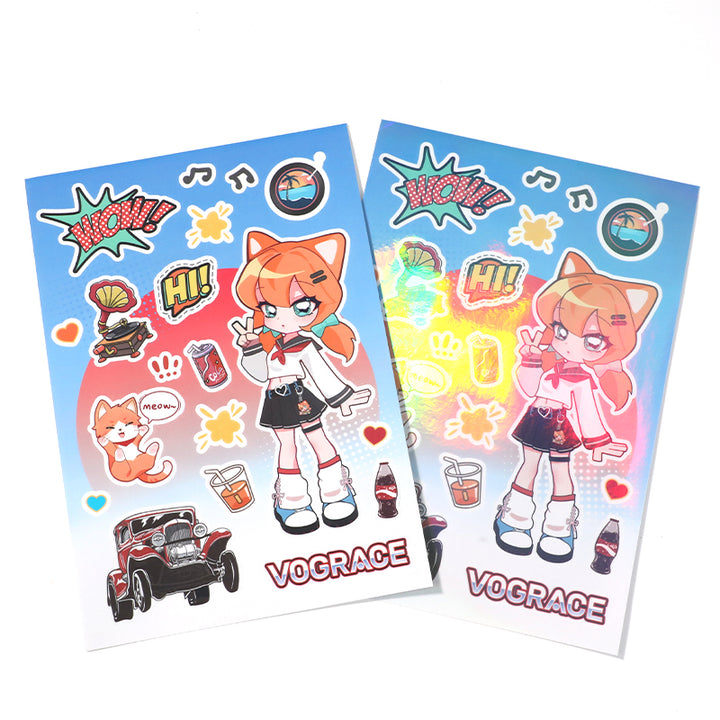 Custom coated paper stickers with anime cat girl, retro car, cola, and fun cartoon designs