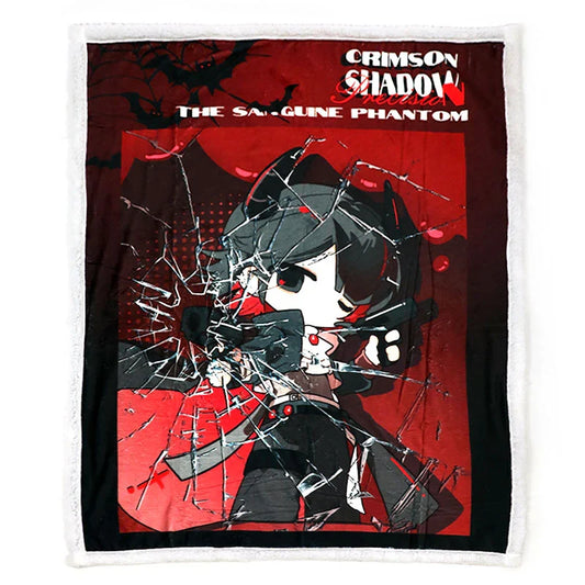 Custom coral fleece blanket with anime character, shattered glass effect, red and black design