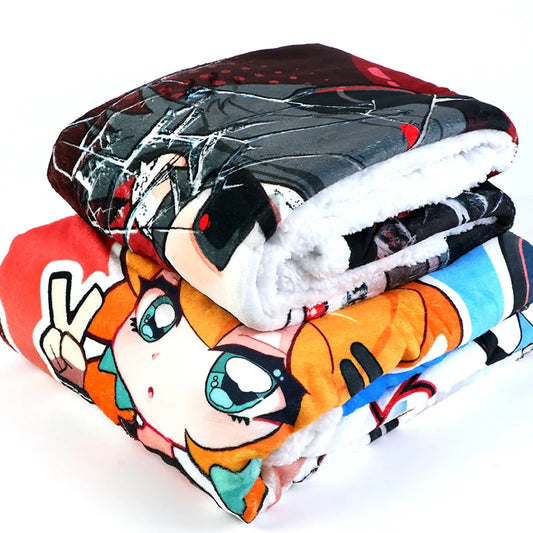 Stacked custom coral fleece blankets with colorful anime character designs