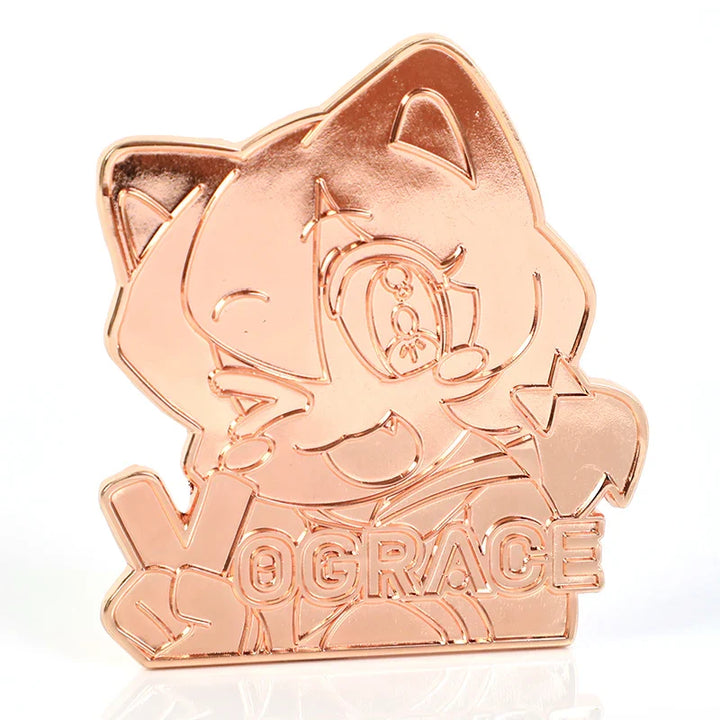 Custom rose gold die struck pin with cat mascot, peace sign, and engraved details
