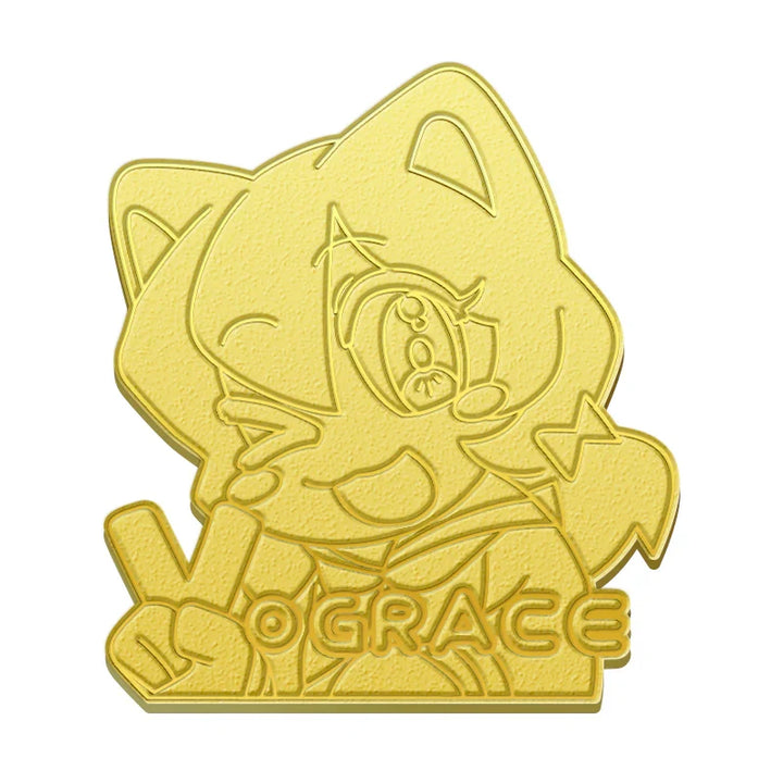 Custom die struck gold pin featuring a cute cartoon cat with peace sign and embossed text.